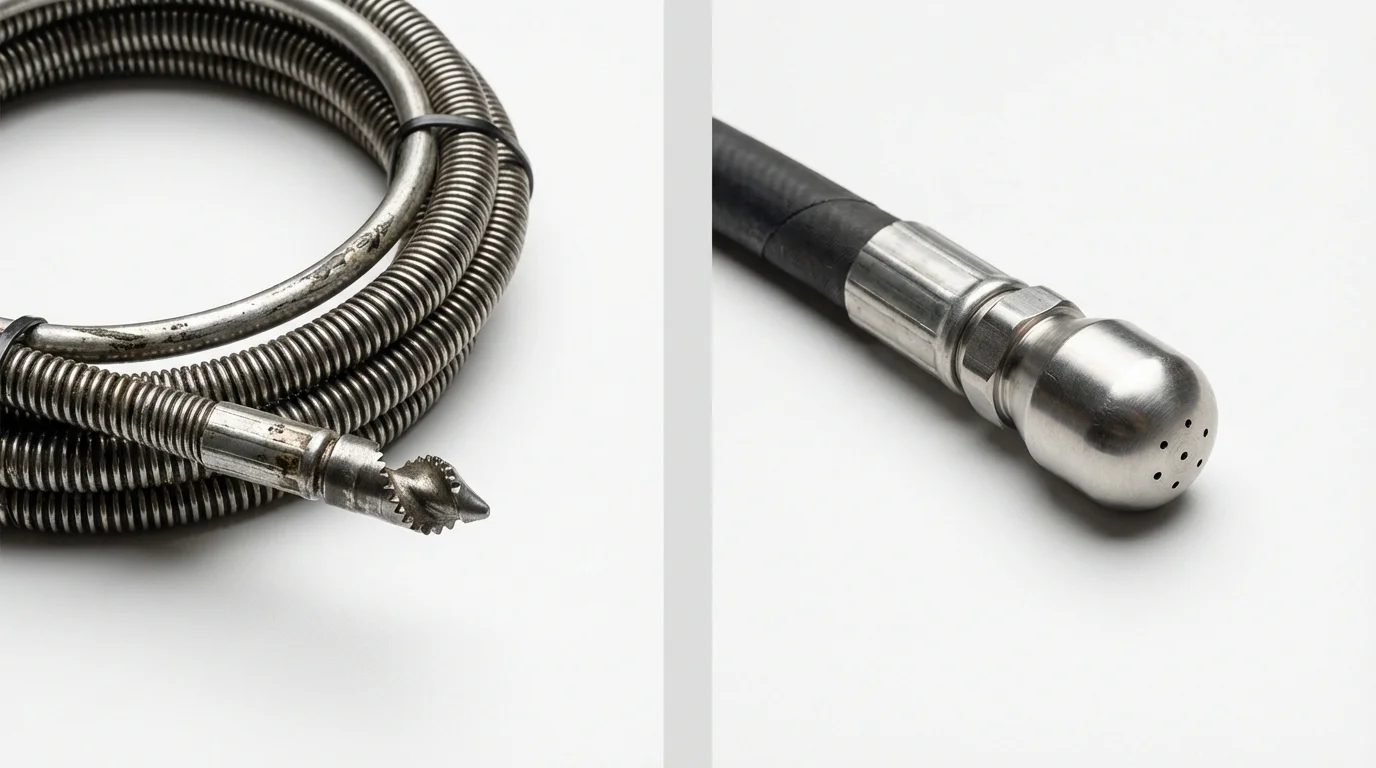 Drain snake cable and hydro jetting nozzle used for drain cleaning in Milford, NJ