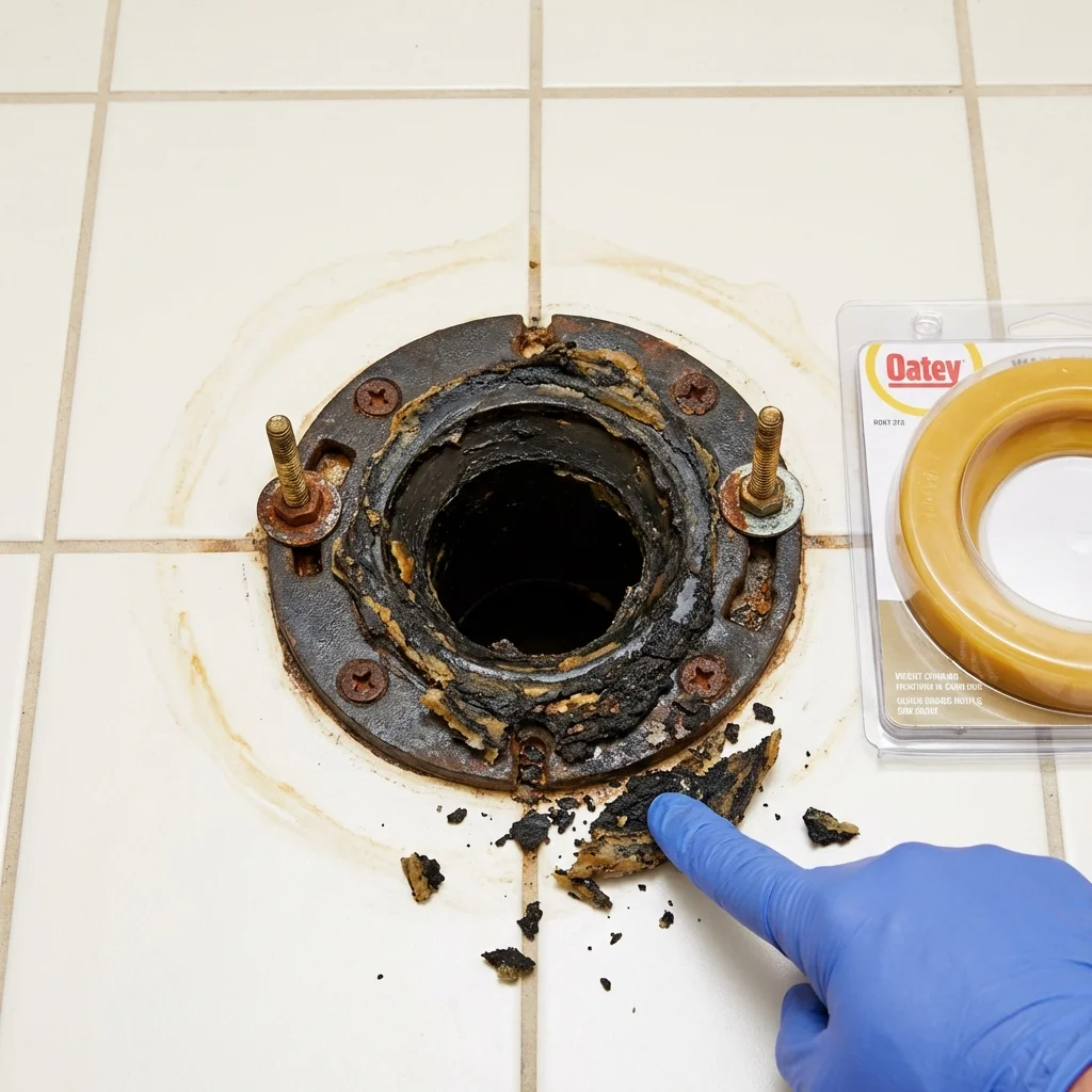 Failed wax ring showing water seepage at the base of a toilet in a Milford, NJ home