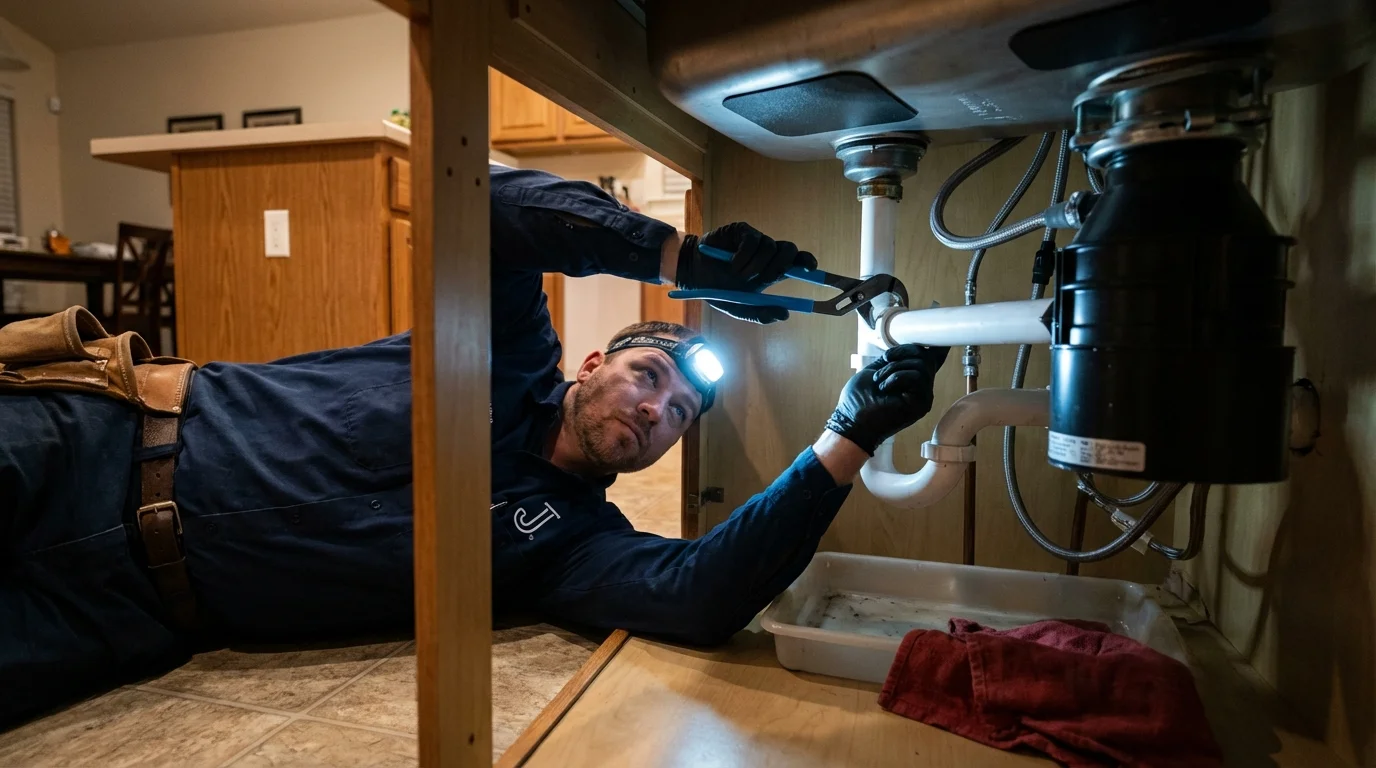 P-trap and supply line connections under a kitchen sink showing a common leak point in Milford, NJ